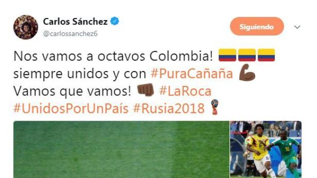 "Nos vamos a octavos Colombia" dice el mensaje de Carlos Sánchez en Twitter.