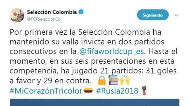 "Por primera vez la Selección Colombia ha mantenido su valla invicta en dos partidos consecutivos en el Mundial. Hasta el momento, en sus seis presentaciones en esta competencia, ha jugado 21 partidos: 31 goles a favor y 29 en contra".