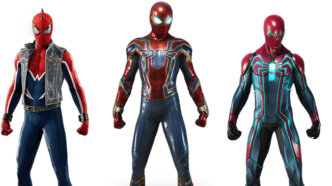 Estos son algunos de los trajes disponibles en el juego. El del medio está basado en el traje utilizado por el Hombre Araña en la película Avengers: Infinity War.