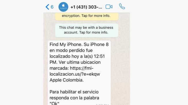 Con este mensaje intentaron engañar a Fernando Alarcón, a quien le había robado su celular. Foto: Archivo particular.