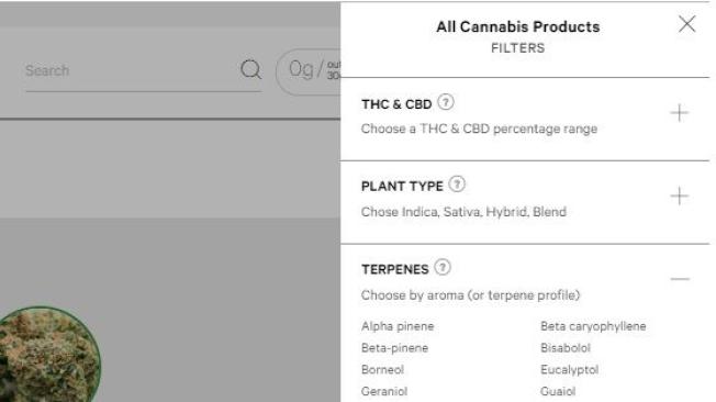 Los filtros tienen un ítem para escoger la marihuana por tipos de aroma.