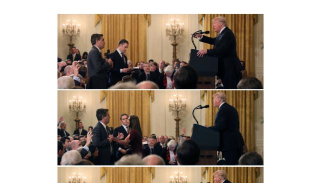 En esta serie de imágenes se ve el momento en el que la interna de la Casa Blanca trata de arrebatarle el micrófono a Jim Acosta por orden del Presidente.