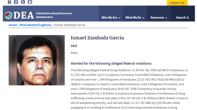 Este es el perfil que tiene la DEA de Ismael 'Mayo' Zambada en su página oficial.
