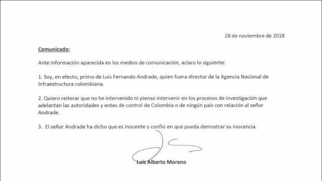 Comunicado Luis Alberto Moreno
