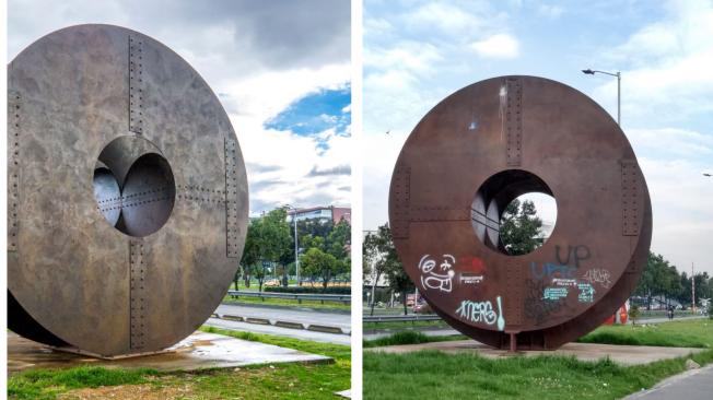 La escultura Eclipse fue entregada el pasado mes de noviembre (izquierda), sin embargo, iniciando el mes de diciembre la escultura se encontraba otra vez con rayones (derecha)