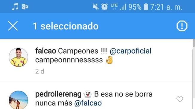 Respuesta de Falcao a hincha en Instagram