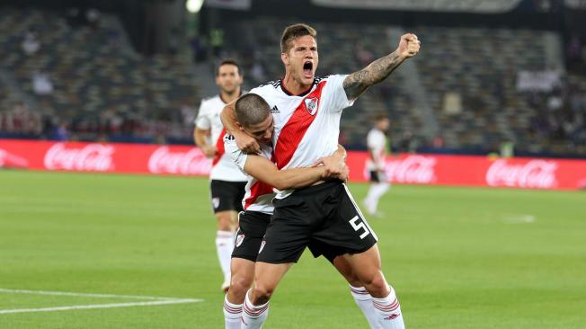 Bruno Zuculini y la celebración del triunfo de River Plate sobre Kashima, 3-1.