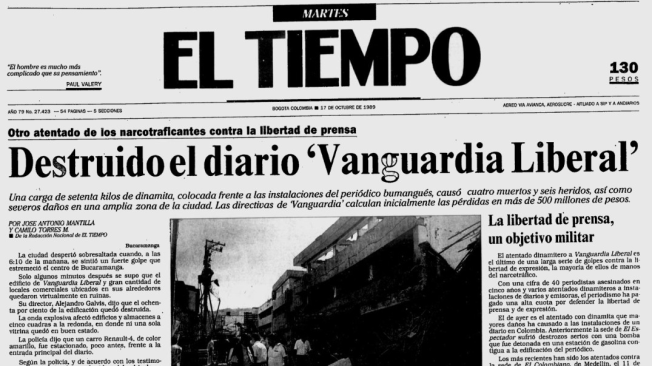 La sede de Vanguardia Liberal, en Bucaramanga, fue víctima de la ira de los narcos.