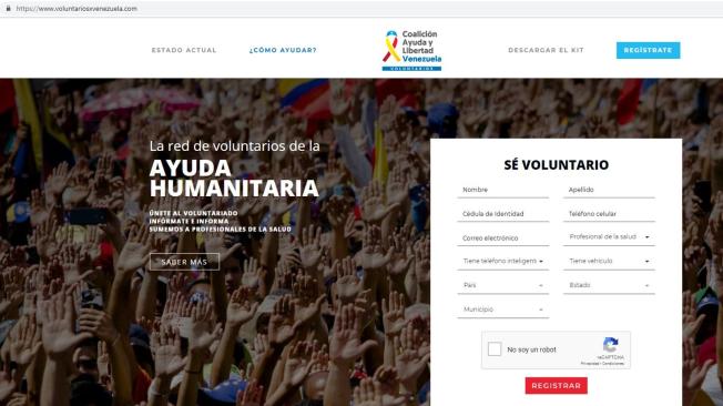 Pantallazo de la página web donde las personas se pueden inscribir para apoyar el ingreso de ayuda humanitaria.