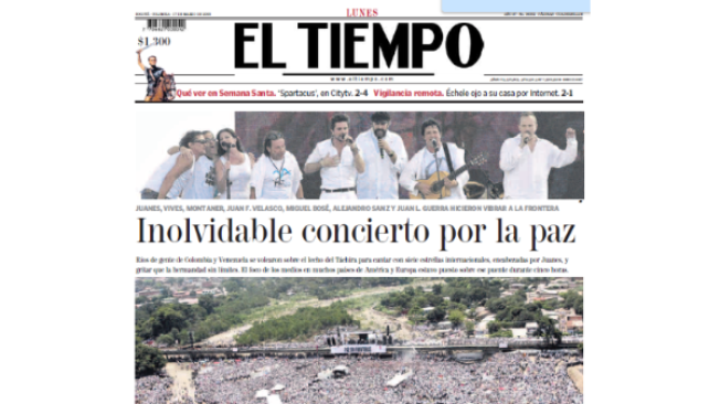 Portada del diario EL TIEMPO al día siguiente del concierto Paz sin Fronteras.