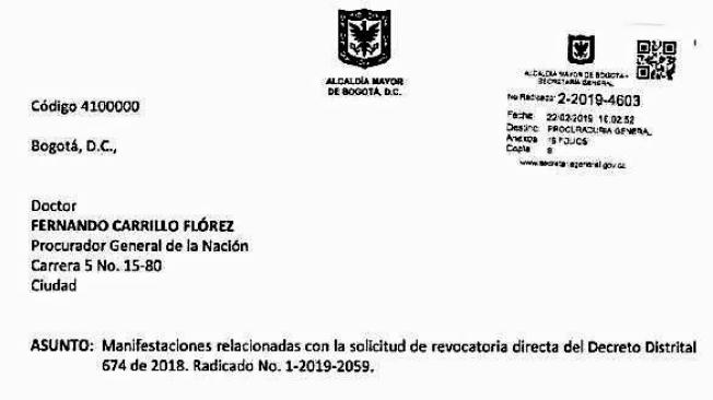 Esta es la carta que le envió el alcalde Enrique Peñalosa al procurador general de la nación, Fernando Carrillo Flórez.