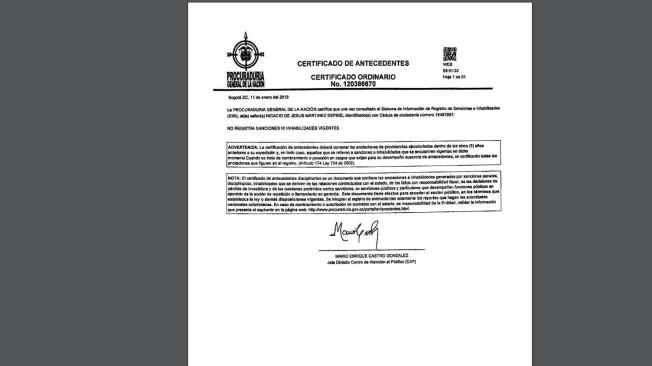 Certificado de antecedentes de la Procuraduría del general Nicacio Martínez