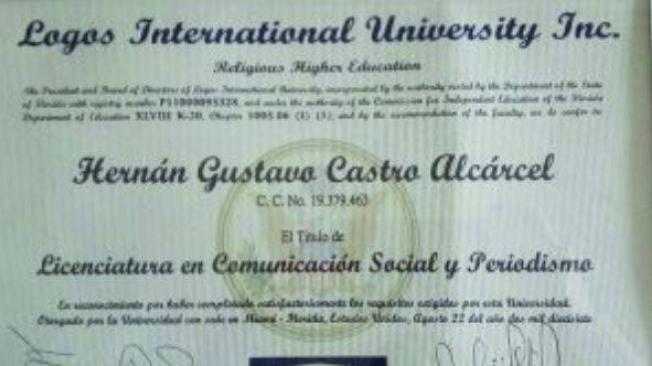 El diploma de licenciado de Gustavo Castro.
