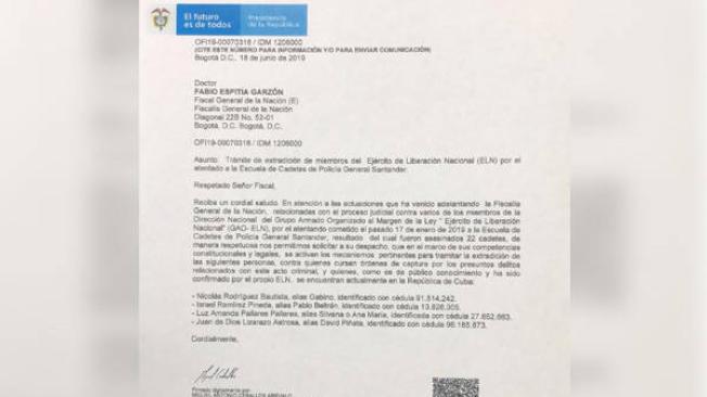 Esta es la carta que le envió el alto comisionado para la paz, Miguel Ceballos, a la Fiscalía.