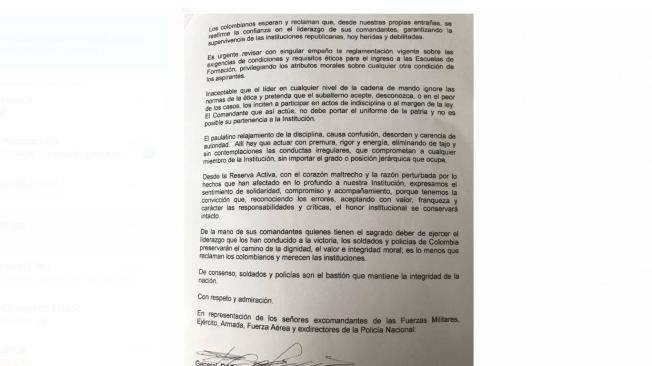 Carta de exministro de defensa y miembros de la Reserva Activa a comandantes del Ejército.