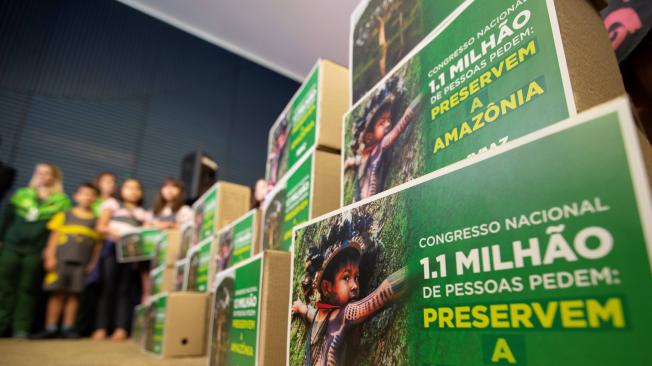 Detalle de varios carteles en los que se lee: "Congreso nacional 1.1 millón de personas piden: Preservar la Amazonía" durante la entrega por parte de la ONG AVAAZ de poco más de un millón de firmas con una petición contra la deforestación del Amazonas.