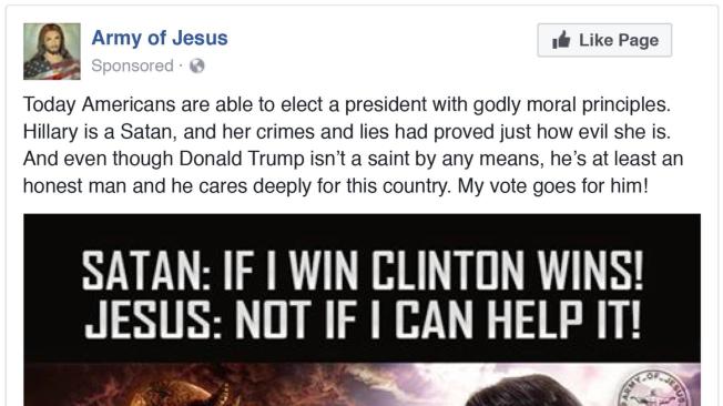 Imagen tomada de anuncio en redes sociales en la que se promociona que 'Hillary es satán'.