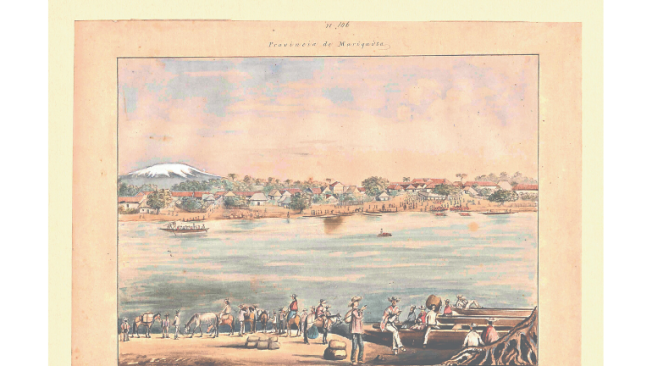 Comercio de bienes en el río Magdalena. Vista de la ciudad de Ambalema, provincia de Mariquita.