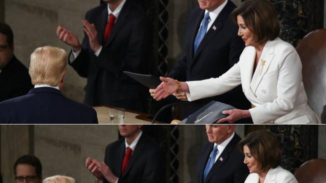 Momento en el que el presidente Donald Trump no le dio la mano a la presidenta de la Cámara de Representantes de EE. UU., Nancy Pelosi.