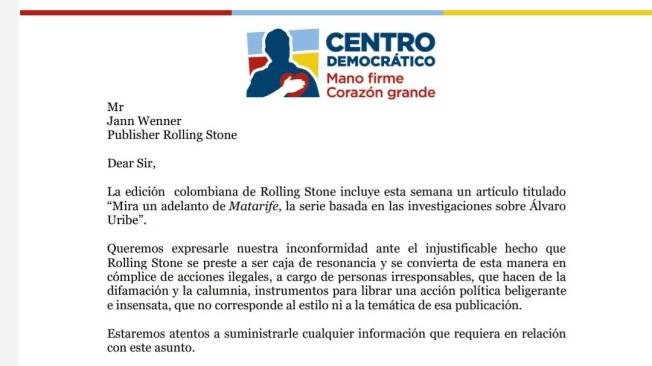 Carta del Centro democrático a la revista Rolling Stone