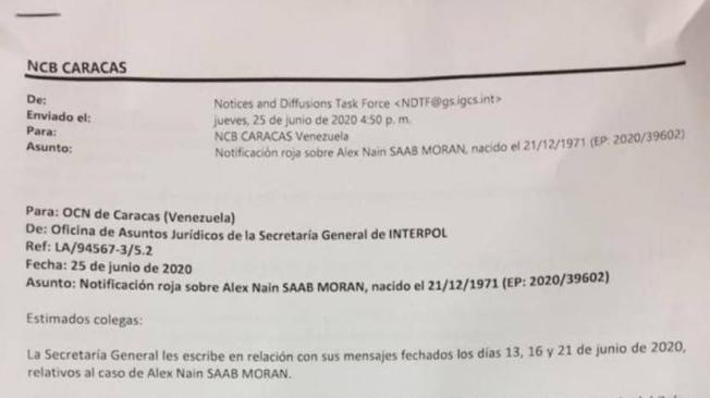 Este es el correo que una dependencia de la Secretaría General de Interpol le envió a su sede en Caracas y que generó la falsa noticia de la liberación de Álex Saab.