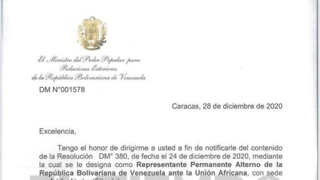 Este es el oficio en el que Jorge Arreaza anuncia que Álex Saab es embajador plenipotenciario.
