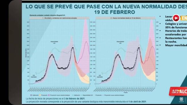 Tercer pico de contagio en Bogotá. La curva naranja es la proyectada con buen comportamiento; la curva naranja es la proyectada con nueva variante.
