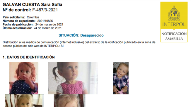 Con esta circular, Interpol busca a la niña Sara Sofía