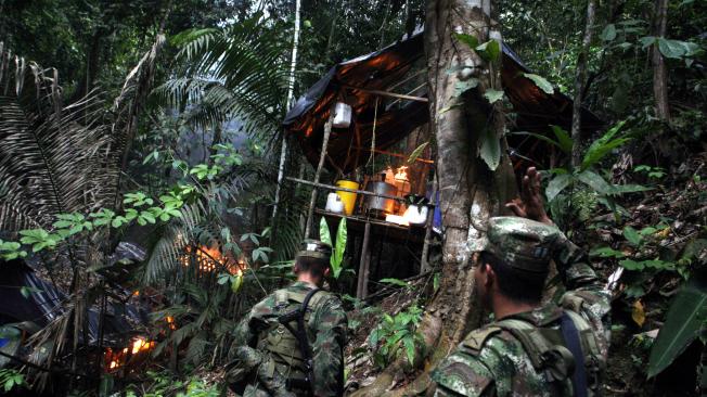 Según el Ministerio de Defensa, en el 2020 Colombia incautó 500 toneladas de cocaína, una cifra sin precedentes. En 
la imagen, hombres del Ejército Nacional queman un narco-laboratorio.