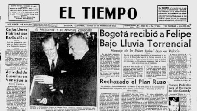 La portada de EL TIEMPO del 15 de febrero de 1962 que destacaba el primer día de la visita oficial del príncipe Felipe.