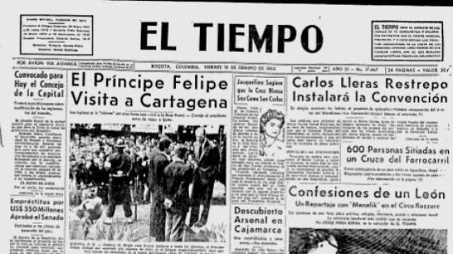 Portada de EL TIEMPO del viernes 16 de febrero de 1962 destaca la visita oficial del príncipe Felipe a Colombia.