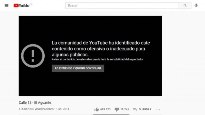 Este es el mensaje que muestra YouTube antes de que se pueda reproducir la canción de Residente.
