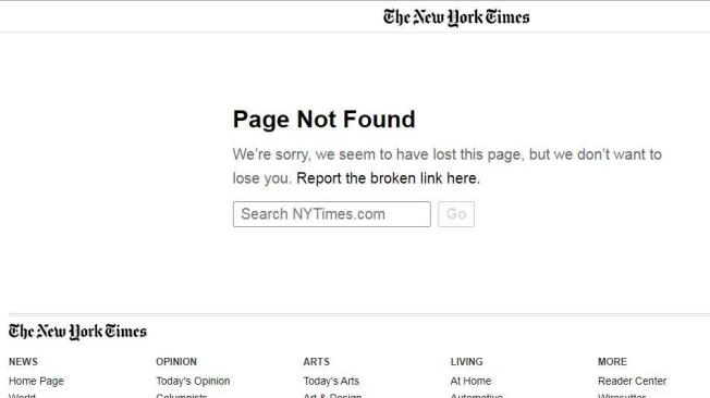 Así aparece la página del The New York Times, tras la caída de su portal.