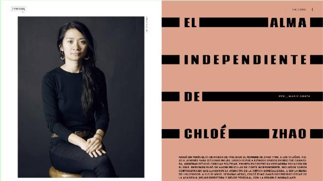 Apertura de la entrevista de Chloé Zhao en la edición impresa de Revista BOCAS, publicada en mayo de 2021.