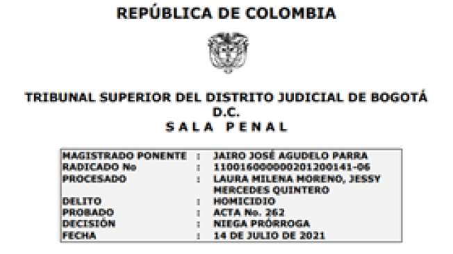 La Sala Penal del Tribunal Superior de Bogotá señaló que la Procuraduría conoce el proceso desde el 8 de octubre de 2015 y asistió a las audiencias.