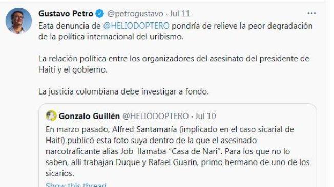 El trino del periodista Gonzalo Guillén que reposteó Gustavo Petro.