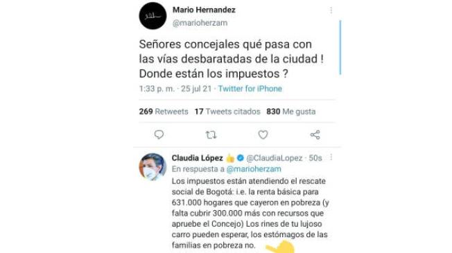 Claudia López le responde un trino a Mario Hernández.