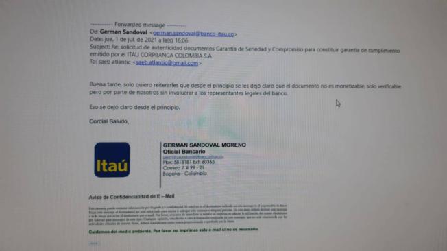 Este es el correo que, según el Banco Itaú, es falso.