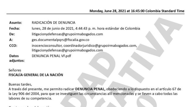 Este es el correo enviado por Luis Fernando Duque Torres a Inocencio Meléndez