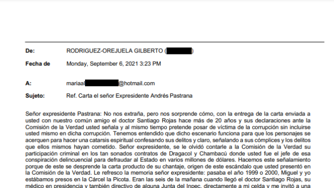 Carta de Rodríguez Orejuela al expresidente Pastrana