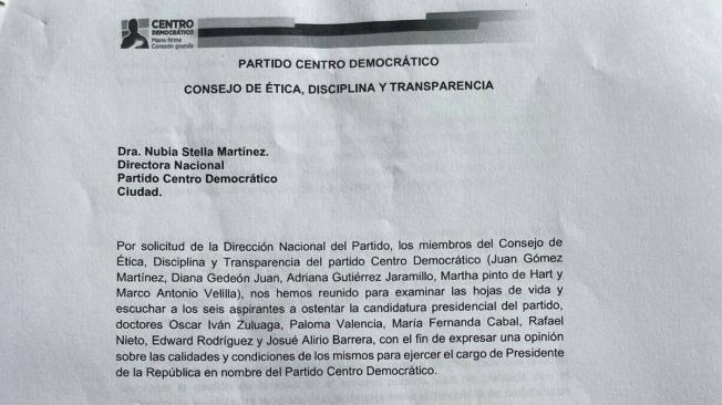 Primera página de la carta en la que el Consejo de Ética del CD excluyó a Edward Rodríguez de la precandidatura.