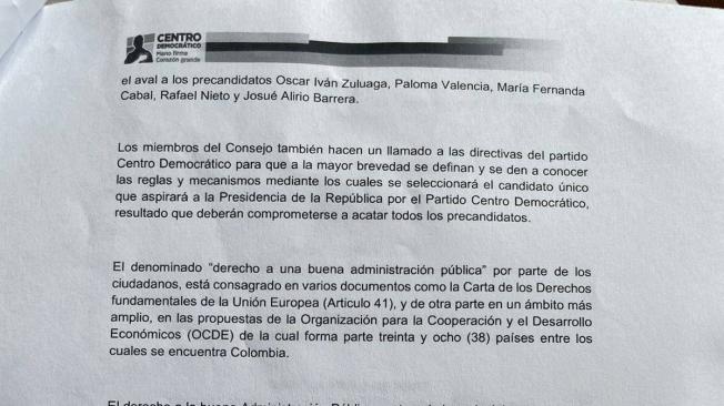 Segunda página de la carta en la que el Consejo de Ética del CD excluyó a Edward Rodríguez de la precandidatura.