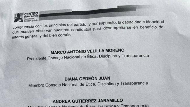 Tercera página de la carta en la que el Consejo de Ética del CD excluyó a Edward Rodríguez de la precandidatura.