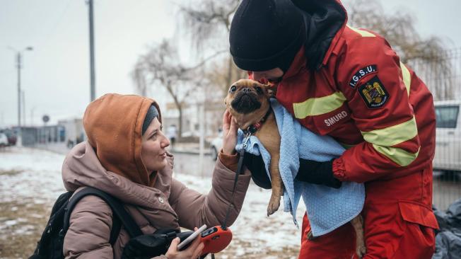 Un trabajador de emergencia calienta al perro mascota de una ucraniana desplazada después de cruzar la frontera en Siret, Rumania, el 2 de marzo de 2022. Unas 660.000 personas han huido de Ucrania a los países vecinos en los últimos seis días, encaminando el éxodo para convertirse en el más grande de Europa. crisis de refugiados de este siglo, según las Naciones Unidas. Fotógrafo: Andrei Pungovschi/Bloomberg