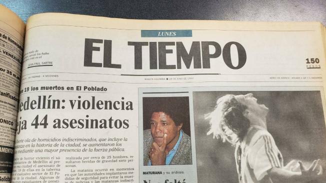 Primera página de EL TIEMPO del 25 de junio de 1990, en la cual le hacen seguimiento a la mantanza y a la eliminación de Colombia.