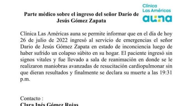 Este es el parte médico de la Clínica Las Américas sobre la muerte de Darío Gómez.
