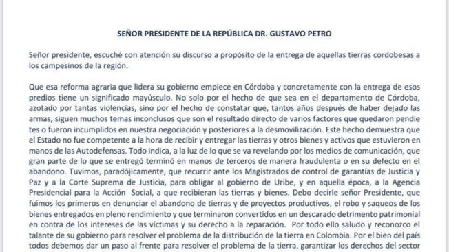 Esta es la carta de Salvatore Mancuso al presidente Gustavo Petro.