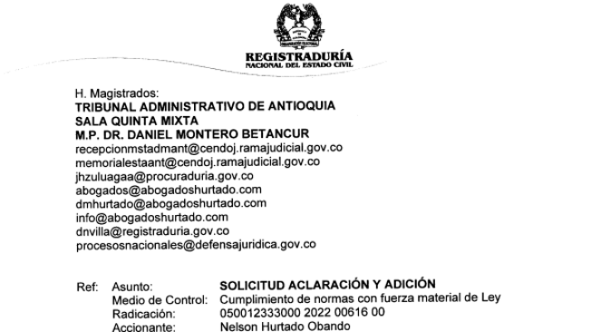 Esta es la solicitud de aclaración que envió la Registraduría Nacional del Estado Civil a EL TIEMPO.