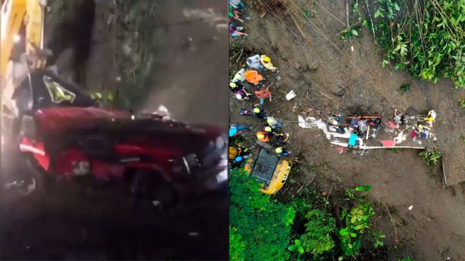 Funcionarios del Invías empezaron a remover los vehículos que quedaron sepultados por el deslizamiento que se presentó en horas de la mañana en Pueblo Rico.
