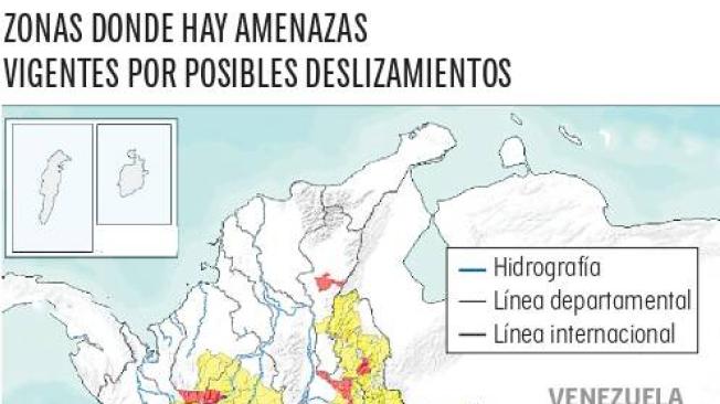 Zonas con amenazas vigentes de deslizamientos al 10 de enero de 2023.